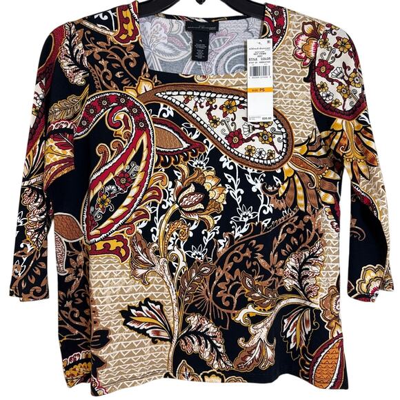NWT Alfred Dunner Petite Small Top Paisley Fall Floral 3/4 Sleeve Boat Neck - Picture 1 of 4